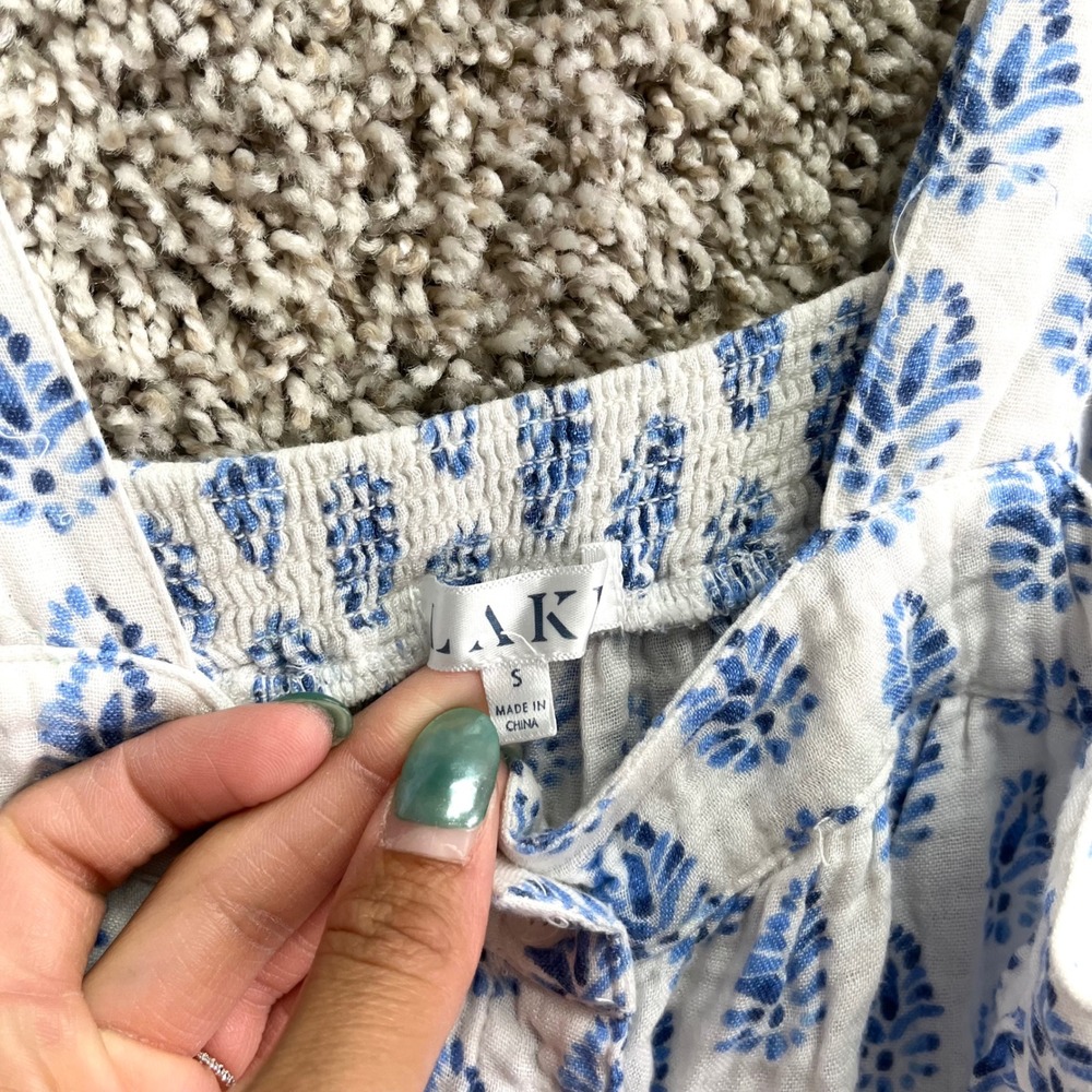 LAKE White & Blue Botanical Floral Block Print Sleeveless Lounge PJ Dress Small - Picture 3 of 5